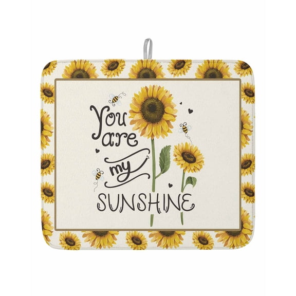 SUNSHINE Sunflower Quotes Dish Drying Mats for Kitchen Counter,Absorbent Microfiber Dish Drainer Rack Mat Retro Yellow Floral Drying Pad for Sinks,Utensils,Countertops,16x18in