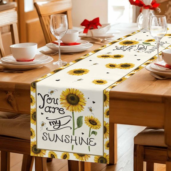 SUNSHINE Sunflower Quotes Table Runner 36 Inches Long,Kitchen Dining Tablerunners Retro Yellow Floral Linen Table Runners Dresser Scarves for Home Dinner Wedding Holiday Party Decor