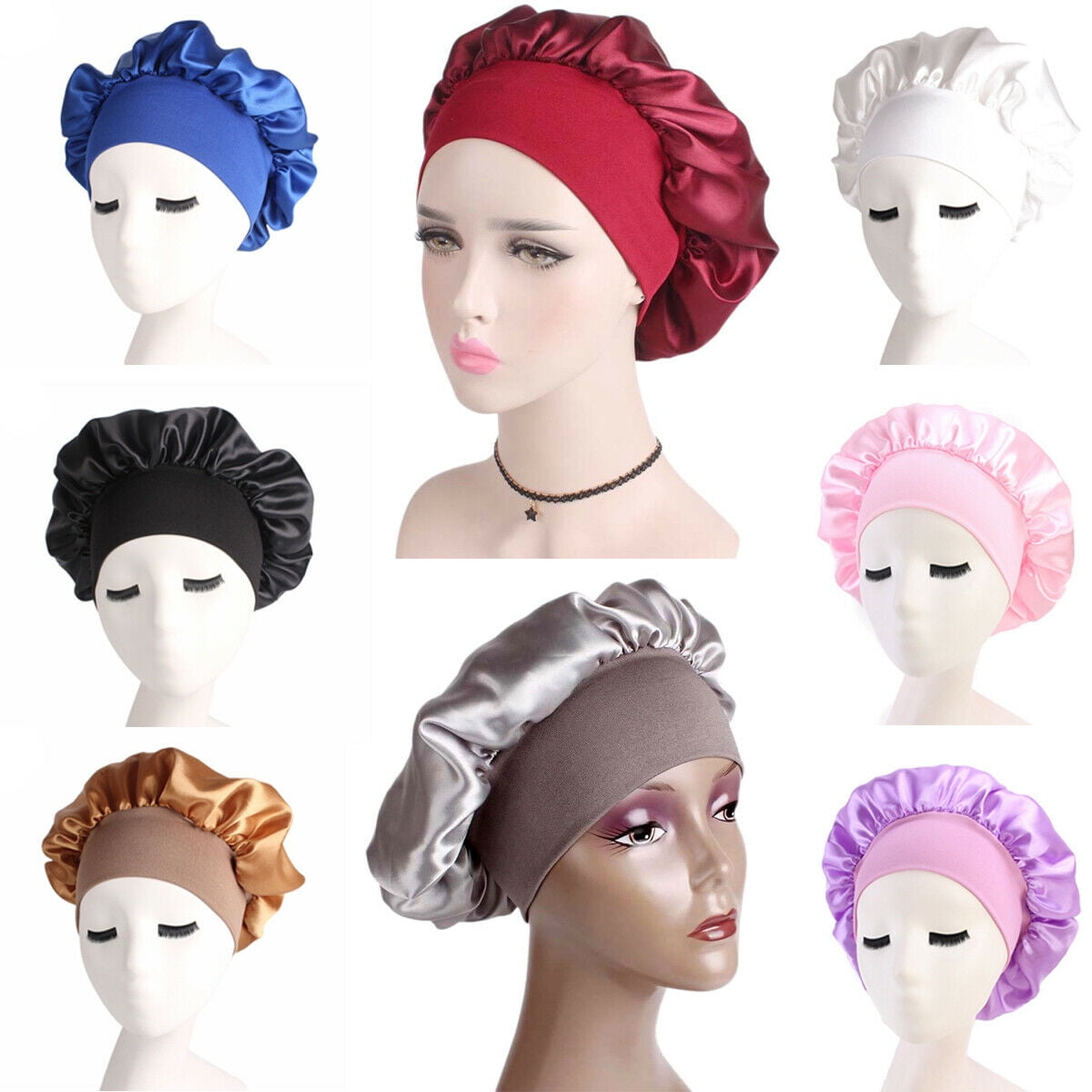 SUNSIOM Women Satin Cap Night Sleep Hair Protect Head Cover Wide Band Adjust Hats