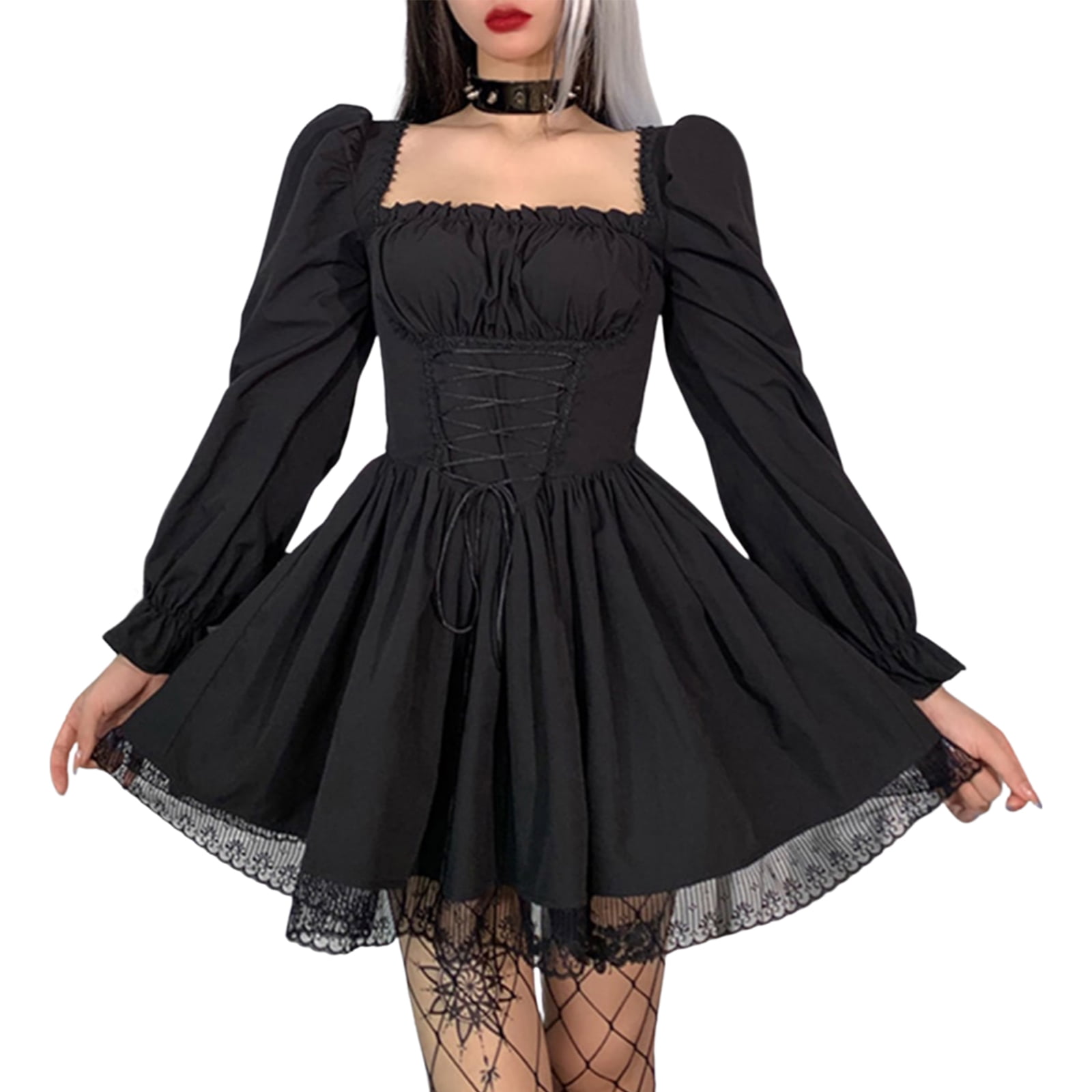 Plus Size Dresses for Women Gothic Vintage Costume Sexy Cold Shoulder Mini  Dress Flared Sleeve Ruffle Goth Club Dress 