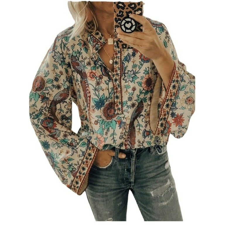 SUNSIOM Womens Casual Boho V Neck Top Loose Floral Print Bell Long Sleeve  Beach Shirt Blouse 