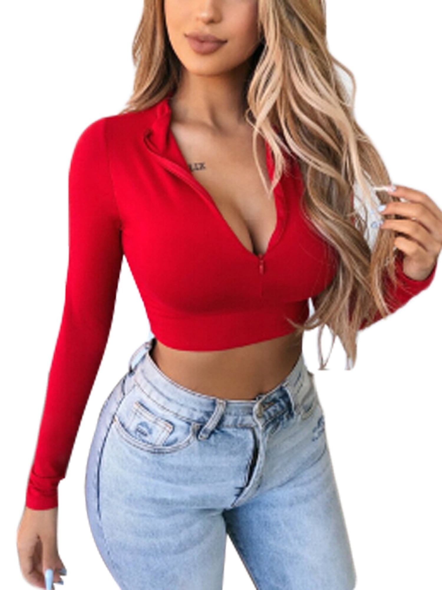 SUNSIOM Womens Long Sleeve Crop Top Deep V Neck Slim Fit Half Zipper  T-Shirt Blouse Casual Solid Color Top 