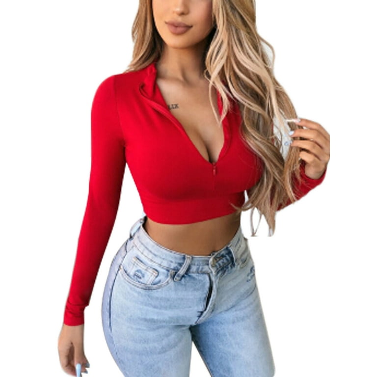SUNSIOM Womens Long Sleeve Crop Top Deep V Neck Slim Fit Half Zipper  T-Shirt Blouse Casual Solid Color Top