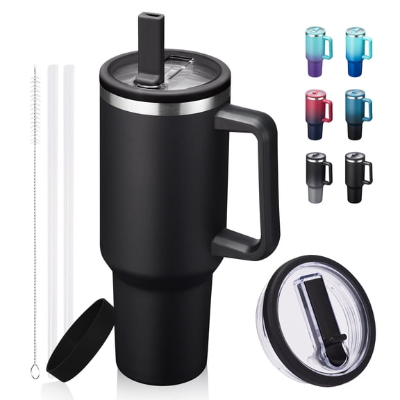 SUNSOC 40 oz Travel Tumbler with Handle, Stainless Steel Insulated Cup, Flip Straw Lid, Fits Most Cup Holders