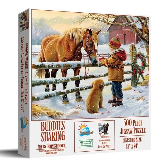 SUNSOUT INC - Buddies Sharing - 500 pc Jigsaw Puzzle by Artist: John Stewart - Finished Size 18" x 24" - MPN# 77115