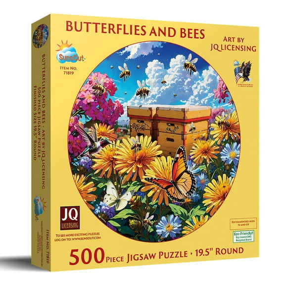 SUNSOUT INC - Butterflies and Bees - 500 pc Round Jigsaw Puzzle by Artist: JQ Licensing - Finished Size 19.5" Rd - MPN# 71819
