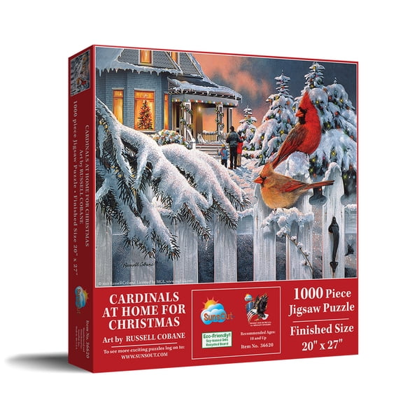 SUNSOUT INC - Cardinals at home for Chrstmas - 1000 pc Jigsaw Puzzle by Artist: Russell Cobane - Finished Size 20" x 27" Christmas - MPN# 36620