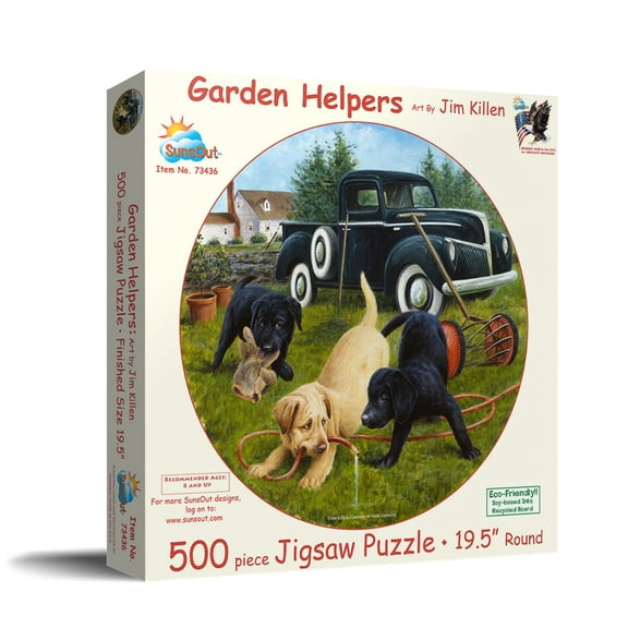 SUNSOUT INC - Garden Helpers - 500 pc Round Jigsaw Puzzle by Artist: Jim Killen - Finished Size 19.5" rd - MPN# 73436