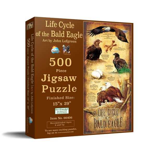 SUNSOUT INC - Life Cycle of the Bald Eagle - 500 pc Jigsaw Puzzle by Artist: John Lofgreen - Finished Size 15" x 29" - MPN# 66406