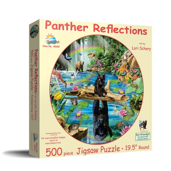 SUNSOUT INC - Panther Reflections - 500 pc Round Jigsaw Puzzle by Artist: Lori Schory - Finished Size 19.5" rd Animals - MPN# 35269