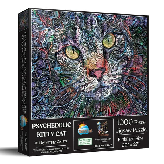 SUNSOUT INC - Psychedelic Kitty Cat - 1000 pc Jigsaw Puzzle by Artist: Peggy Collins - Finished Size 20" x 27" - MPN# 71307