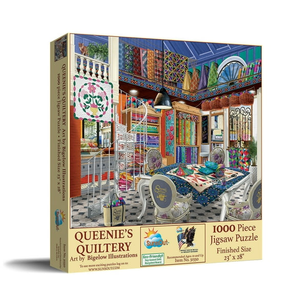 SUNSOUT INC - Queenie's Quiltery - 1000 pc Jigsaw Puzzle by Artist: Bigelow Illustrations - Finished Size 23" x 28" - MPN# 31550