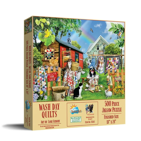 SUNSOUT INC - Wash Day Quilts - 500 pc Jigsaw Puzzle by Artist: Lori Schory - Finished Size 18" x 24" Animals - MPN# 35263