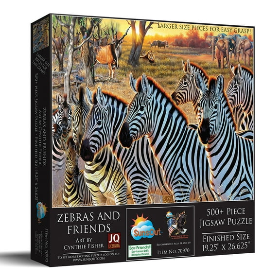 SUNSOUT INC - Zebras and Friends - 500 pc Large Piece Jigsaw Puzzle by Artist: Cynthie Fisher - Finished Size 19.5" x 26.625" - MPN# 70970