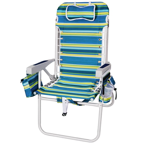 SUNSPIRE Backpack Beach Chairs for Adults Lightweight Aluminum 17in 5-Position Adjustable Reclining Folding with Cup Holder, Outdoor Blue Stripes