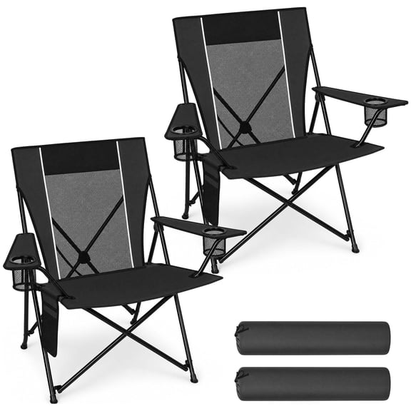 SUNSPIRE 2 Pack Outdoor Camping Chairs Lightweight Foldable Steel Frame with Side Pocket 2 Cup Holders Breathable Mesh Back Carry Bag Black
