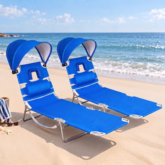 SUNSPIRE 2 Pack Beach Tanning Chair Lounge Reclining Folding with Canopy Face Hole Pillow Side Pocket 5 Position Portable Sun for Pool Patio Navy