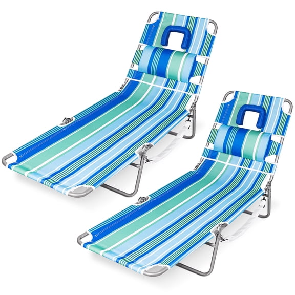 SUNSPIRE 2 Pack Folding Beach Lounge Chair with Face Hole Pillow Side Pocket, Portable Reclining Tanning Sun Lounger for Beach Pool Patio Aqua Blue