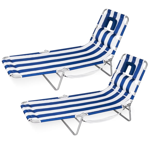 SUNSPIRE 2 Pack Folding Beach Lounge Chair with Face Hole Pillow Side Pocket, Portable Reclining Tanning Sun Lounger for Beach Pool Patio Navy Blue