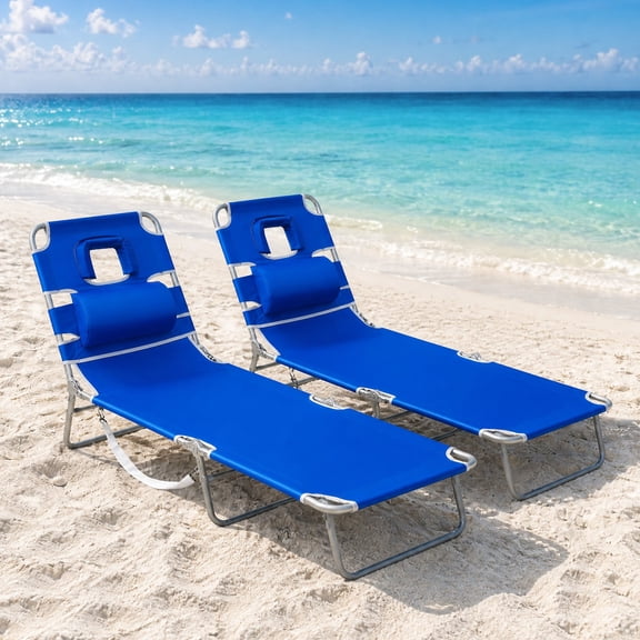 SUNSPIRE 2 Pack Folding Beach Lounge Chair with Face Hole Pillow Side Pocket, Portable Reclining Tanning Sun Lounger for Beach Pool Patio Ocean Blue
