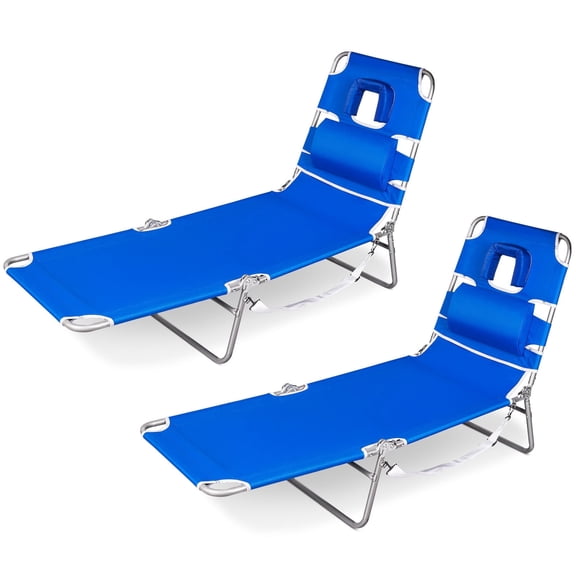 SUNSPIRE 2 Pack Folding Beach Lounge Chair with Face Hole Pillow Side Pocket, Portable Reclining Tanning Sun Lounger for Beach Pool Patio Ocean Blue