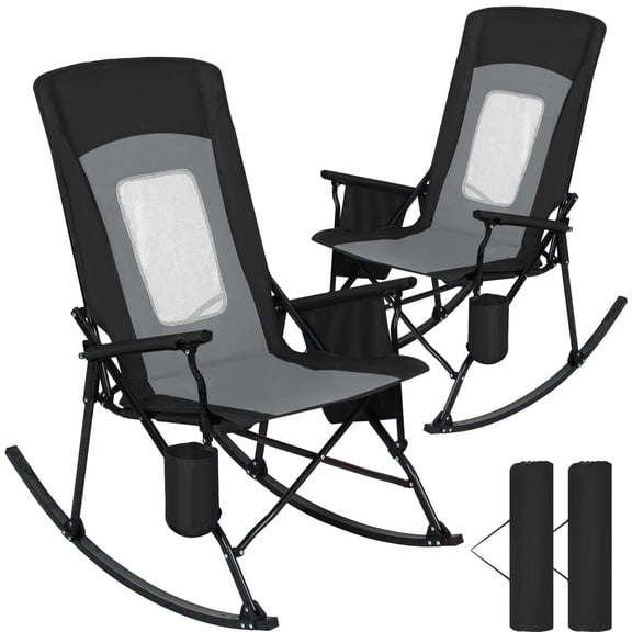 SUNSPIRE 2-Pack Folding Rocking Camping Chairs, Oversized Outdoor Rocker with High Back, Hard Armrests, Carry Bag, 400 lb Capacity Black Gray