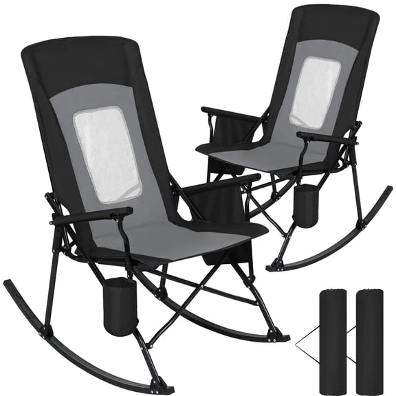 SUNSPIRE 2-Pack Folding Rocking Camping Chairs, Oversized Outdoor Rocker with High Back, Hard Armrests, Carry Bag, 400 lb Capacity Black Gray