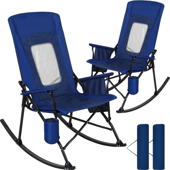 SUNSPIRE 2-Pack Oversized Folding Rocking Camping Chairs, Portable Outdoor Rocker with High Back, Hard Armrests, Carry Bag, 400 lb Capacity Blue