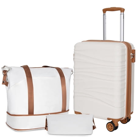 SUNSPIRE 22'' Carry-On Luggage Set – Expandable Hardside 3PCS Suitcase with Duffel Bags, Dual Spinner Wheels, TSA Lock, Airline Approved, White