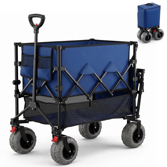 SUNSPIRE Folding Double Decker Wagon, 400L, 450LBS, Equipped with 9'' All-Terrain Cart for Beach, Camping, Garden, Navy Blue