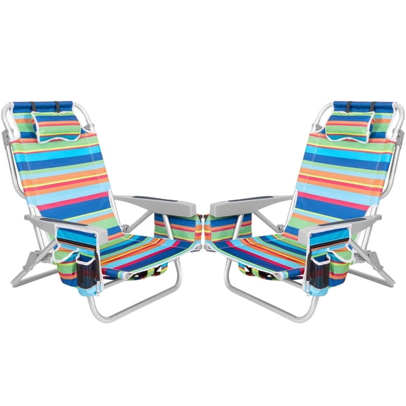 SUNSPIRE Aluminum 5-Position Beach Chair Lay Flat for Adult, Backpack Folding Chair with Cooler Bag Cup Phone Holder, Towel Bar Outdoor, 2 Pack