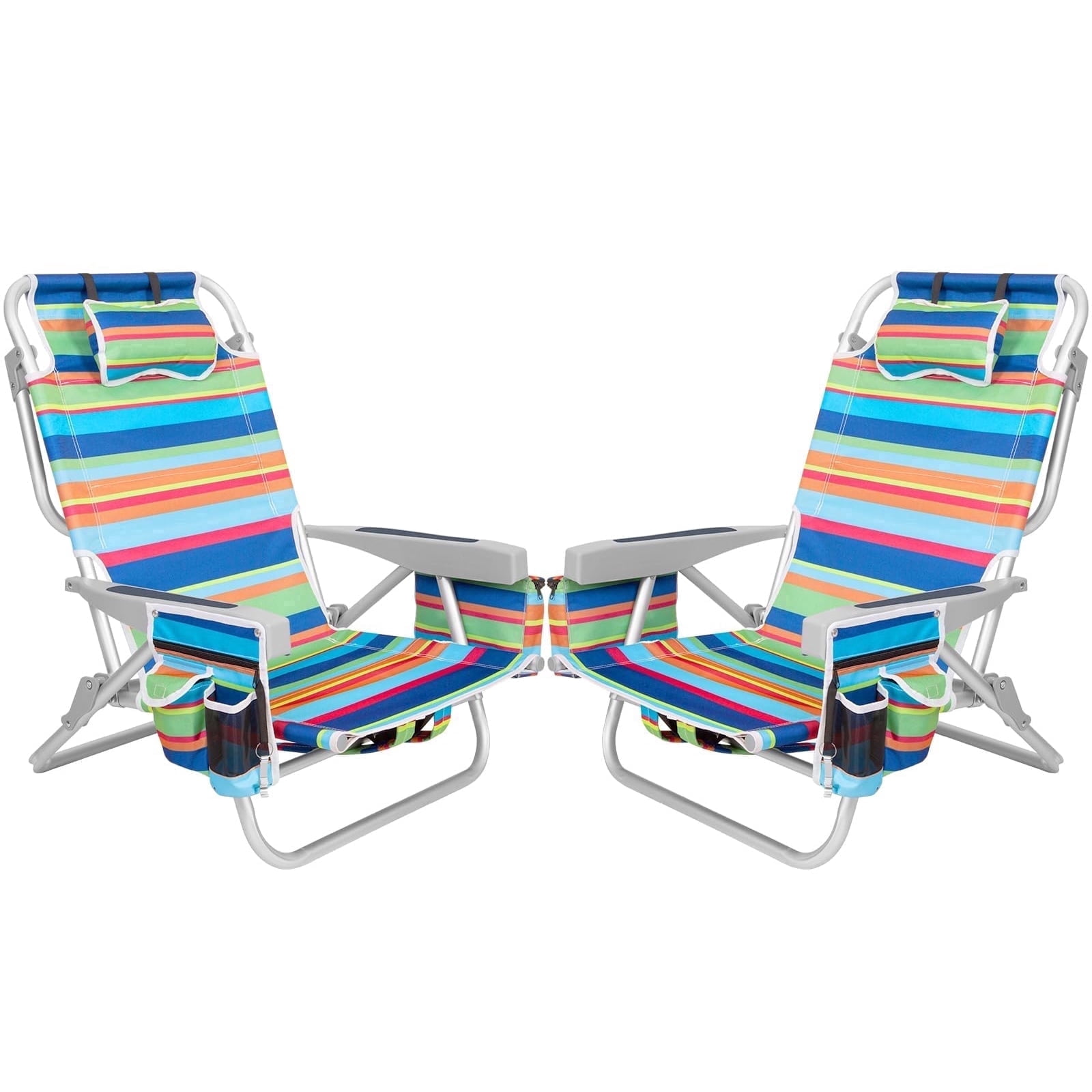 SUNSPIRE Aluminum 5-Position Beach Chair Lay Flat for Adult, Backpack Folding Chair with Cooler Bag Cup Phone Holder, Towel Bar Outdoor 2 pack