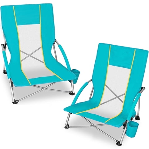 SUNSPIRE Beach Chair for Adults Low Back Portable Folding Camping Chair with Cup Holder & Carry Bag for Outdoor Beach Picnic Travel 2-Pack Teal
