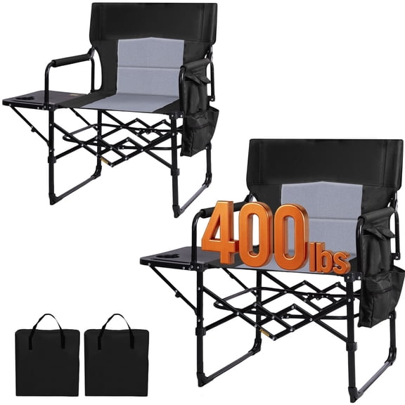SUNSPIRE Camping Directors Chair with Side Table, Portable Folding Compact Design, Heavy Duty Lawn Chair with Pocket for Camping Lawn Sports and Fishing, 400 lbs Capacity, Black, 2 Pack