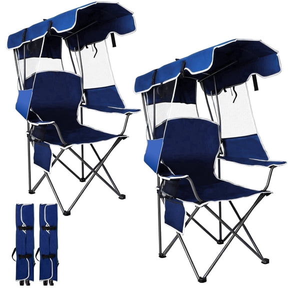 SUNSPIRE Folding Beach Chair with Canopy Shade, Portable Outdoor Camping Chair with Cup Holder, Side Pocket, Heavy Duty Frame, 330 lb Capacity, Navy, 2 Pack