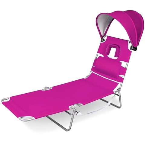 SUNSPIRE Folding Beach Lounge Chair with Face Hole Canopy Pillow Side Pocket, Portable Reclining Tanning Sun Lounger for Beach Pool Patio Pink