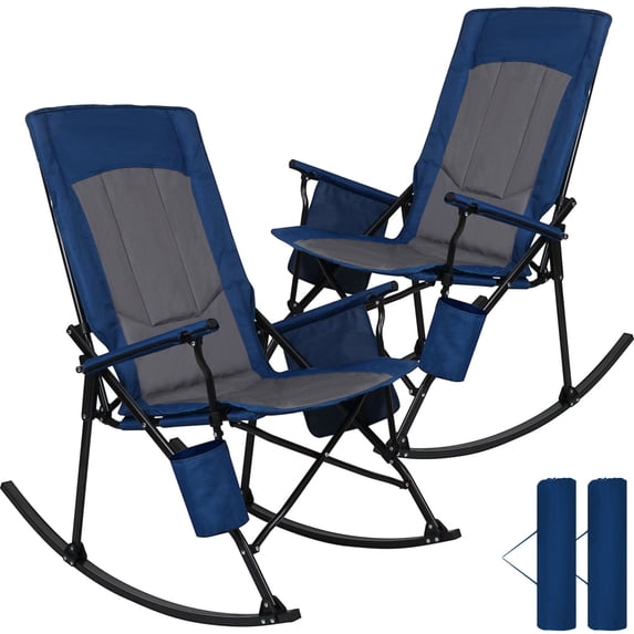 SUNSPIRE Folding Rocking Camping Chair 2 Pack Oversized 400 lbs Heavy Duty Padded Rocker Hard Armrests Portable Outdoor Seat for Patio Garden Blue