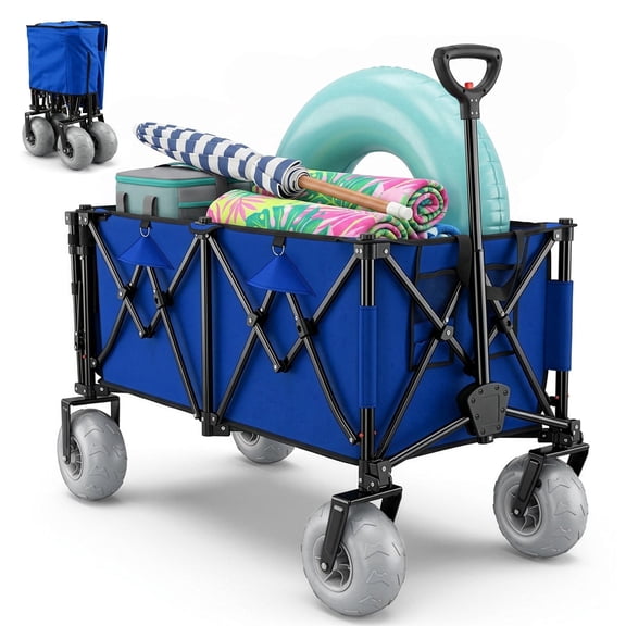SUNSPIRE Collapsible Folding Wagon Cart with 9" Wide Big Wheels, Beach Wagon 400L, 450LBS Capacity, 59" Extendable,, Garden, Camping, Navy Blue
