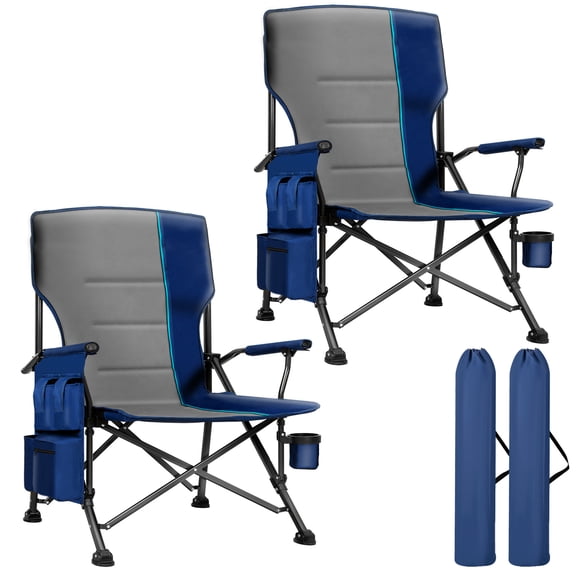 SUNSPIRE Oversized Camping Folding Chair 2-Pack, Heavy Duty XL Padded Portable Chair with Cup Holder Side Pocket for Outdoor Beach Sports Fishing Blue
