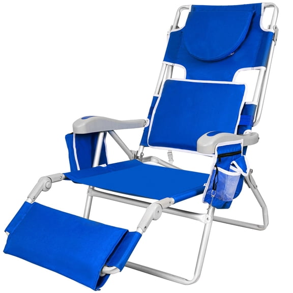 SUNSPIRE Reclining Beach Chairs Lounge 3in1 Lightweight Aluminum Removable Footrest Sun Tanning Adjustable Face Holder with Cup Holder Outdoor Blue