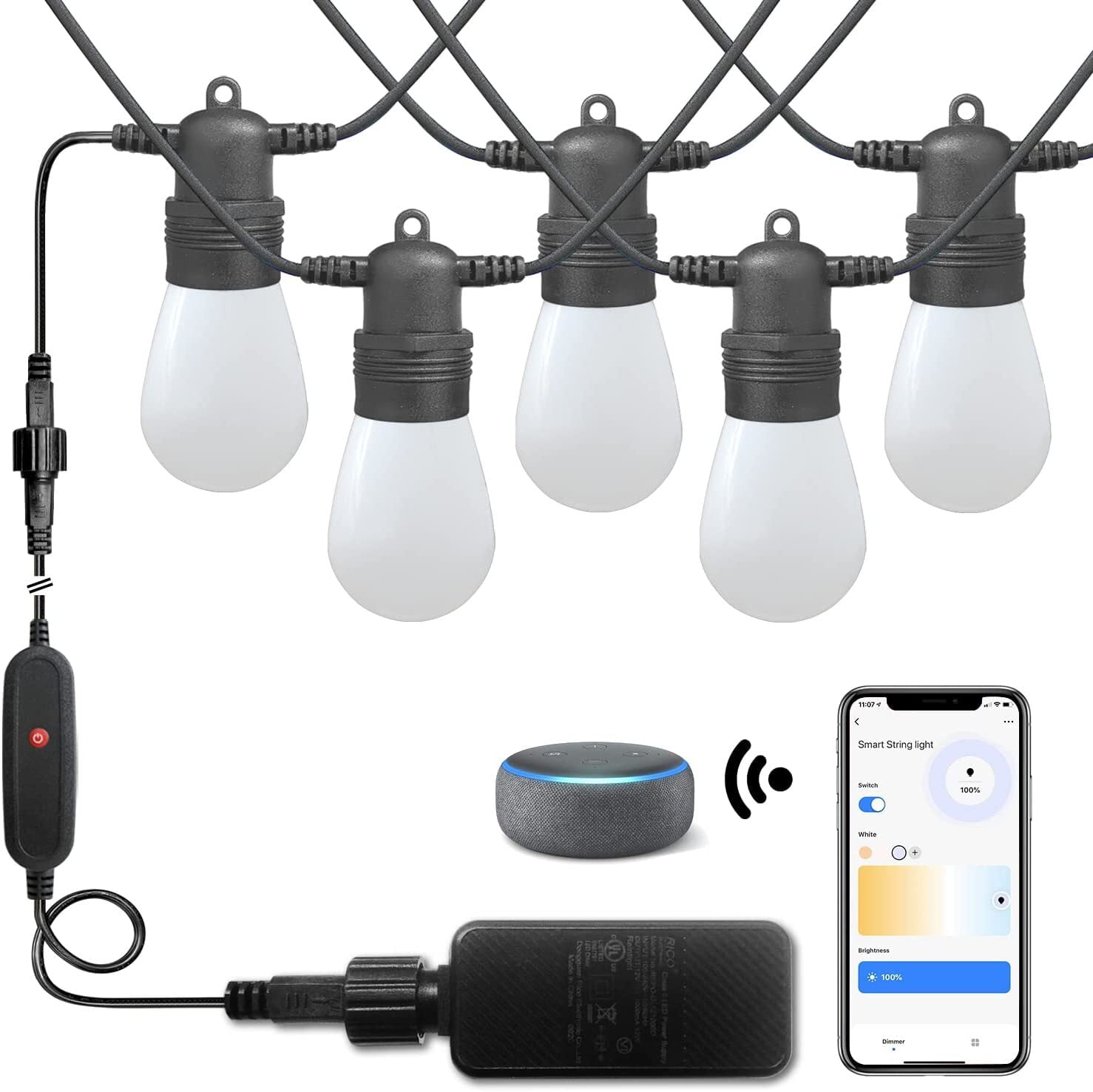 SUNTHIN 48ft Smart Outdoor String Lights with 16 Shatterproof Bulbs and