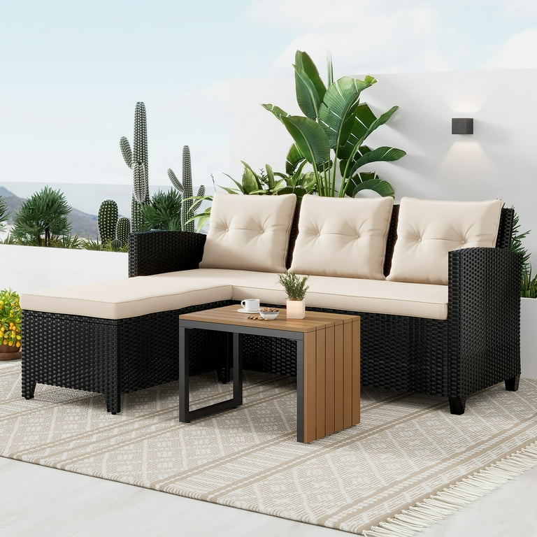 SUNTONE Patio Conversation Set 3 Piece Patio Sectional Sofa Set Coffee Table Black Beige