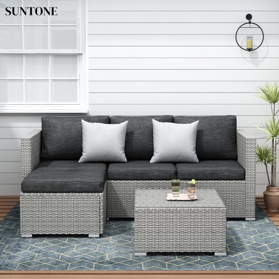 SUNTONE Patio Conversation Sofa Set - 3 Piece All Weather Wicker Outdoor Furniture Set, Gray Rattan & Black Cushions