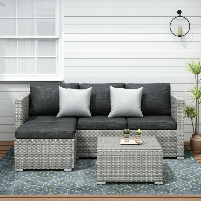 SUNTONE Patio Conversation Sofa Set - 3 Piece All Weather Wicker Outdoor Furniture Set, Gray Rattan & Black Cushions