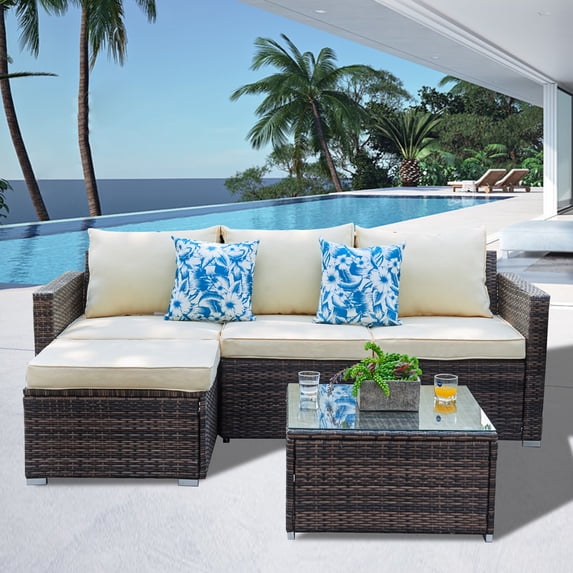 SUNTONE Patio Furniture Set - 5 Piece Outdoor Conversation Set,All Weather Patio Sectional Sofa Set, Brown / Beige