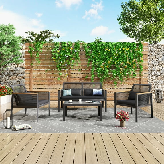 SUNTONE Patio Furniture Sofa Set - 4 Piece All Weather Wicker Outdoor Conversation Set, Rattan Chairs and Table, Black