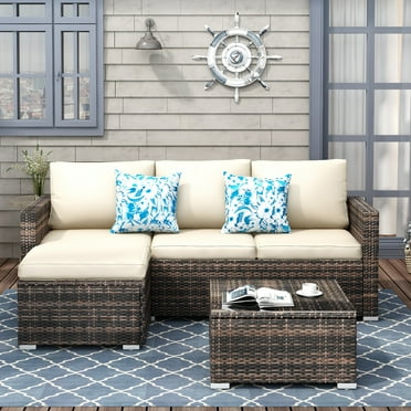 SUNTONE Patio Sectional Set - 3 Pieces Outdoor Conversation Set Wicker Rattan Outdoor Furniture Sofa with Table, Beige