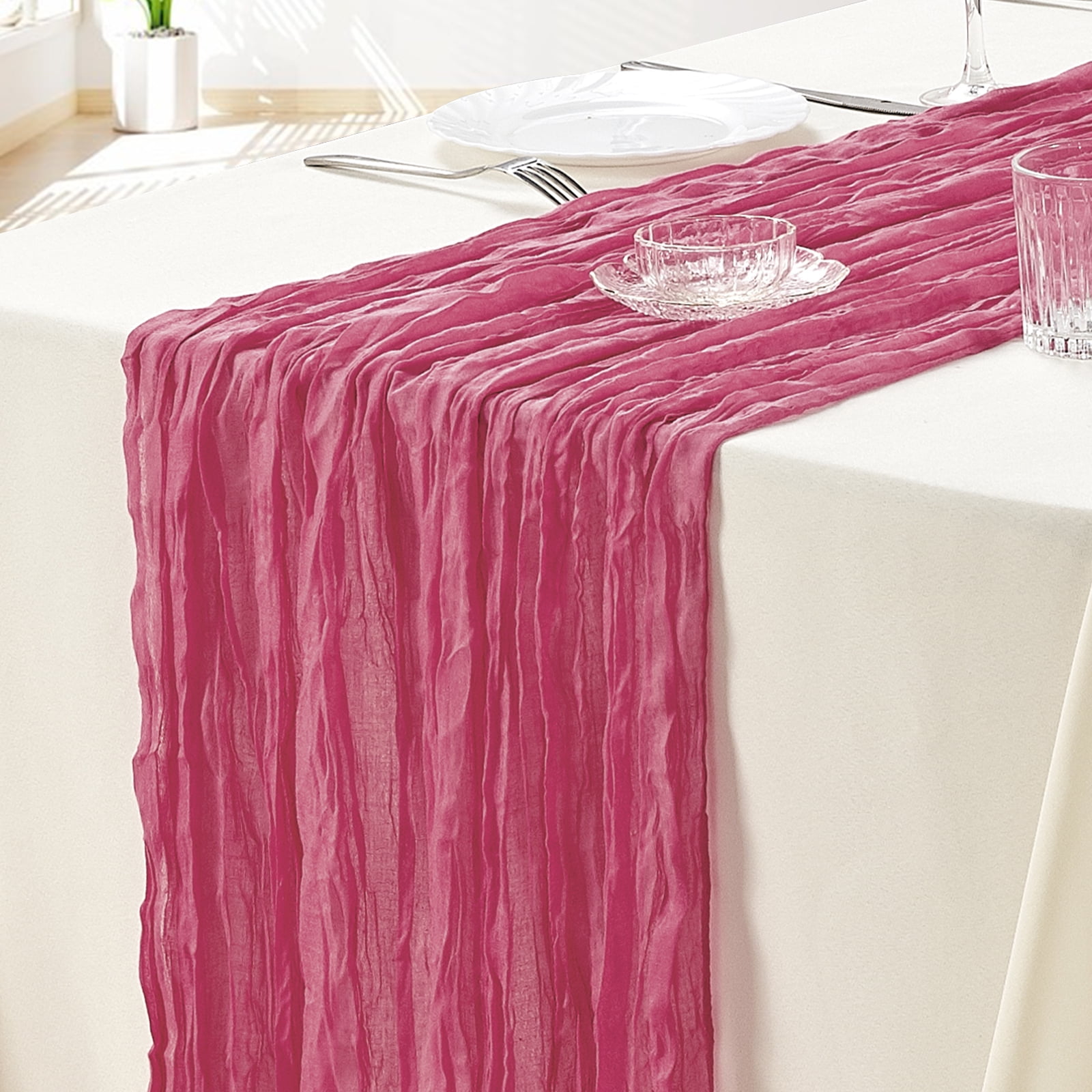SUNTQ 10 pack Fuchsia Cheesecloth Table Runner, Bulk 10ft Boho Gauze