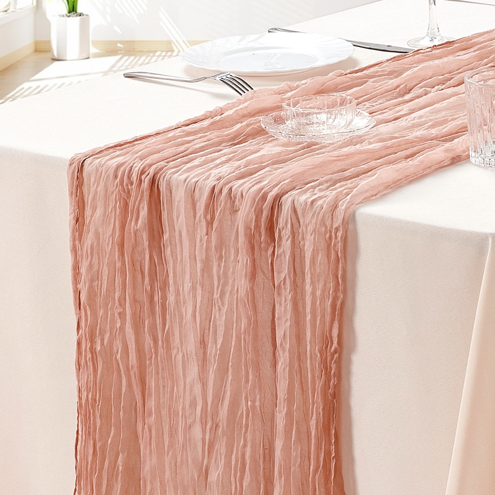 SUNTQ 10 pack Peach Pink Cheesecloth Table Runner, Bulk 10ft Boho Gauze