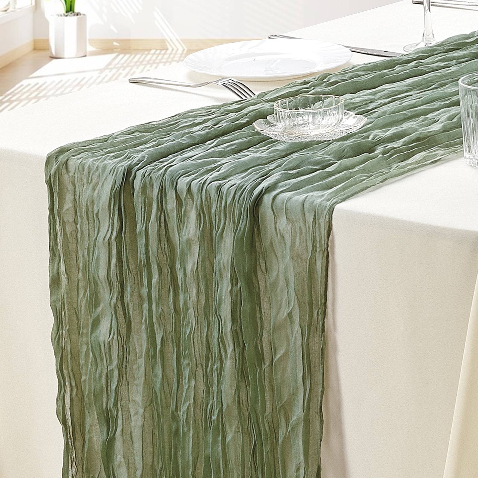 SUNTQ 10 pack Sage Green Cheesecloth Table Runner, Bulk 10ft Boho Gauze